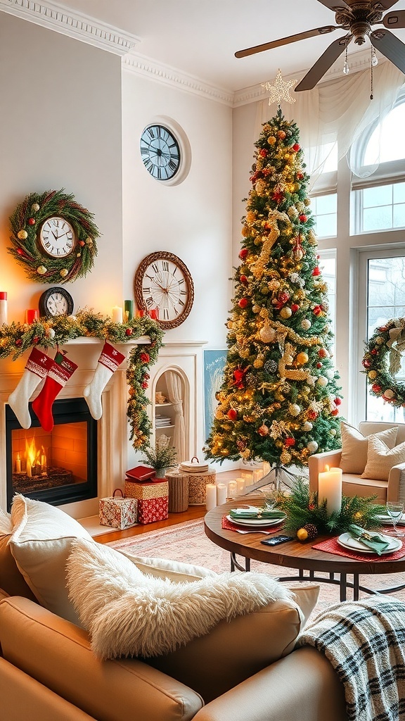 A cozy Christmas living room with a decorated tree, stockings, and festive table settings.